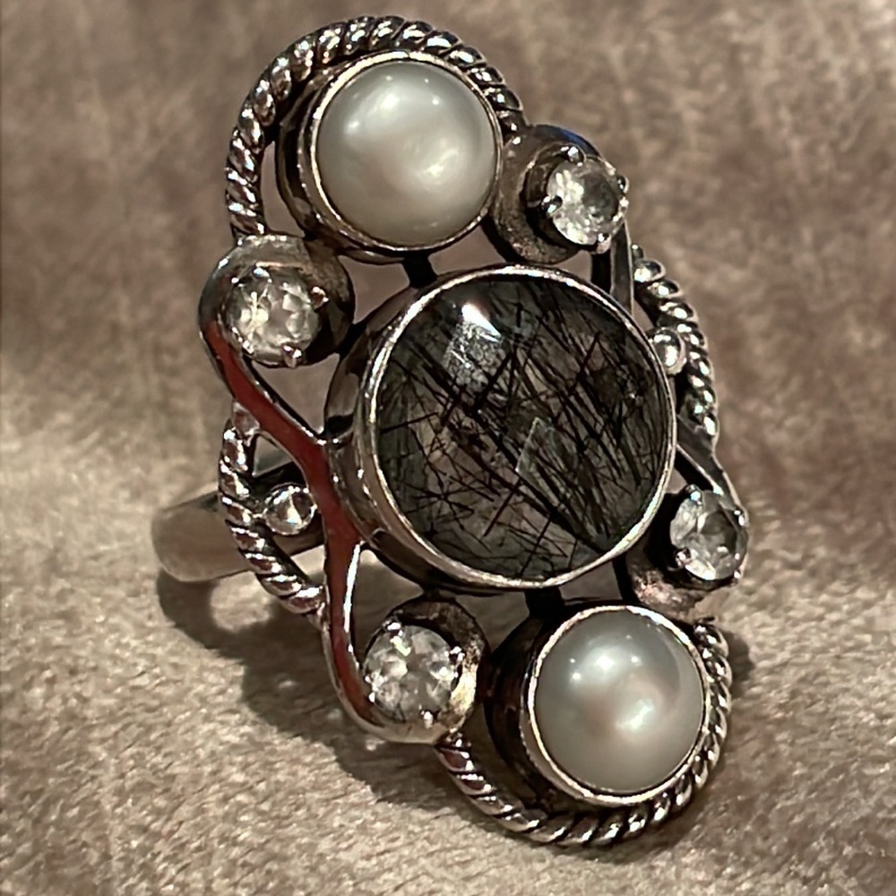 Nicky Butler 925 Sterling Silver Pearl & Rutilated Quartz Ring Size 6